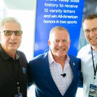 Brian Kelly posing with guests at the Jamie Hosford Football Center dedication.